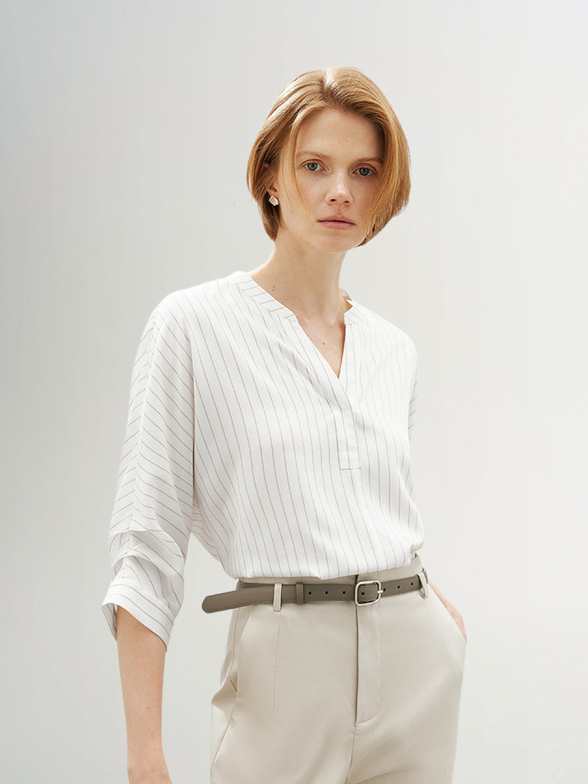 Striped V Neck Quarter Sleeves Shirt