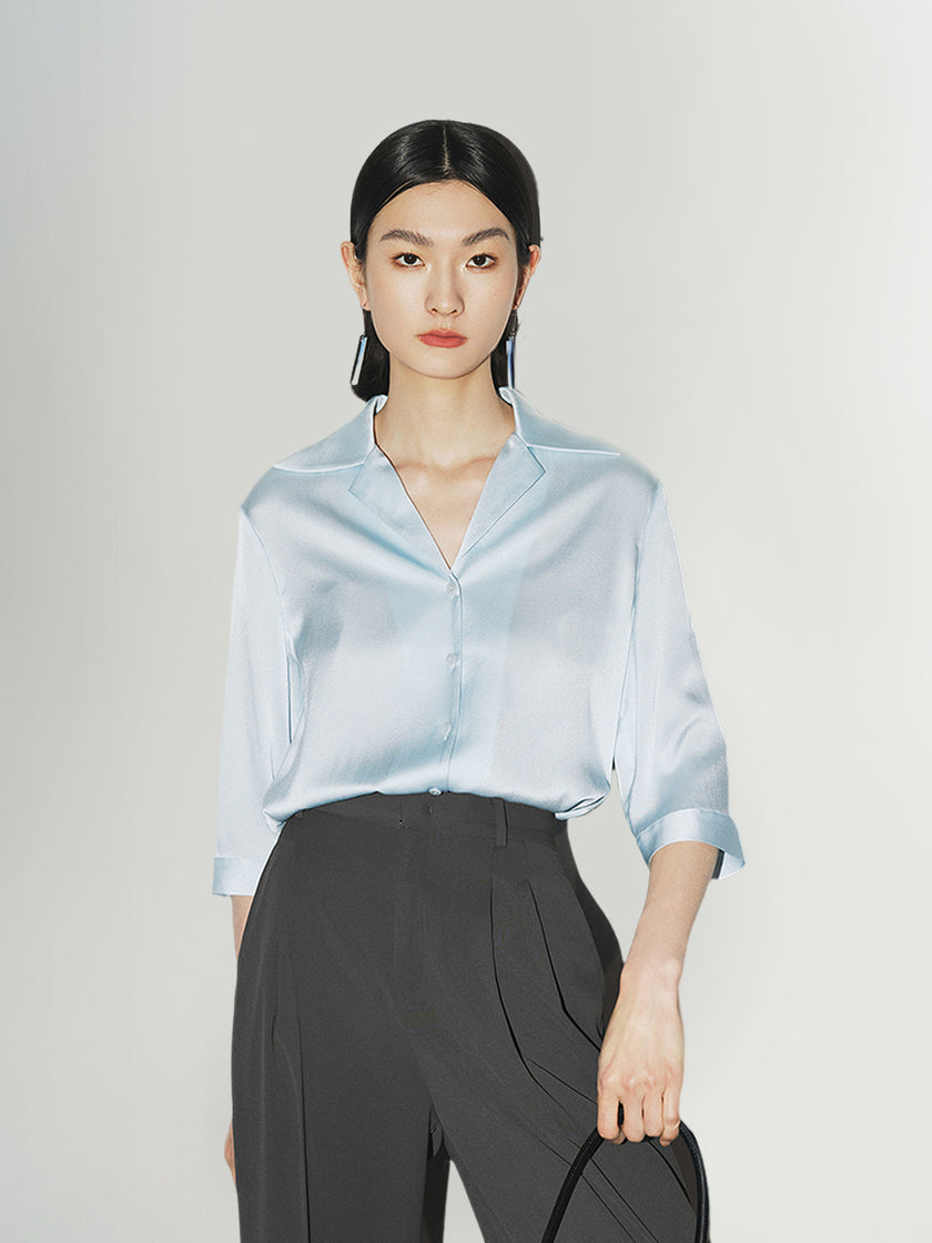 Collared V Neck 100% Silk Shirt
