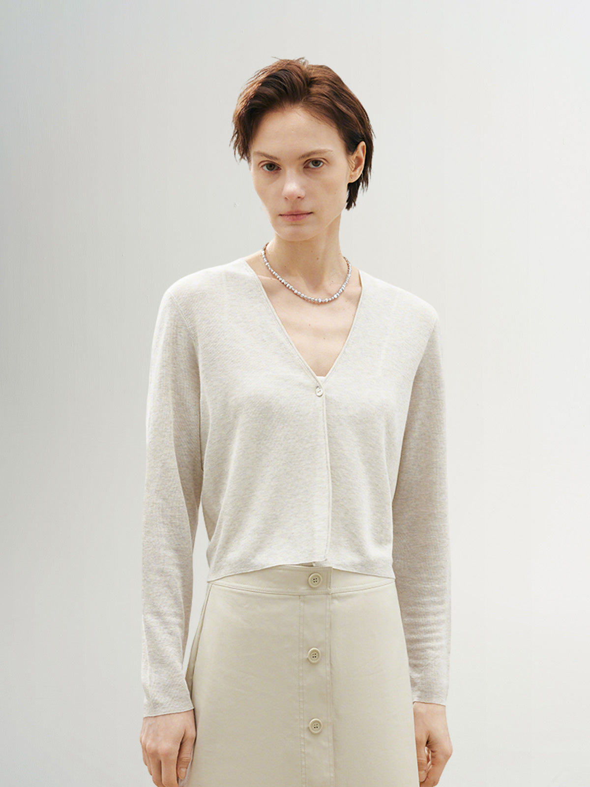Linen V Neck Short Knit Cardigan