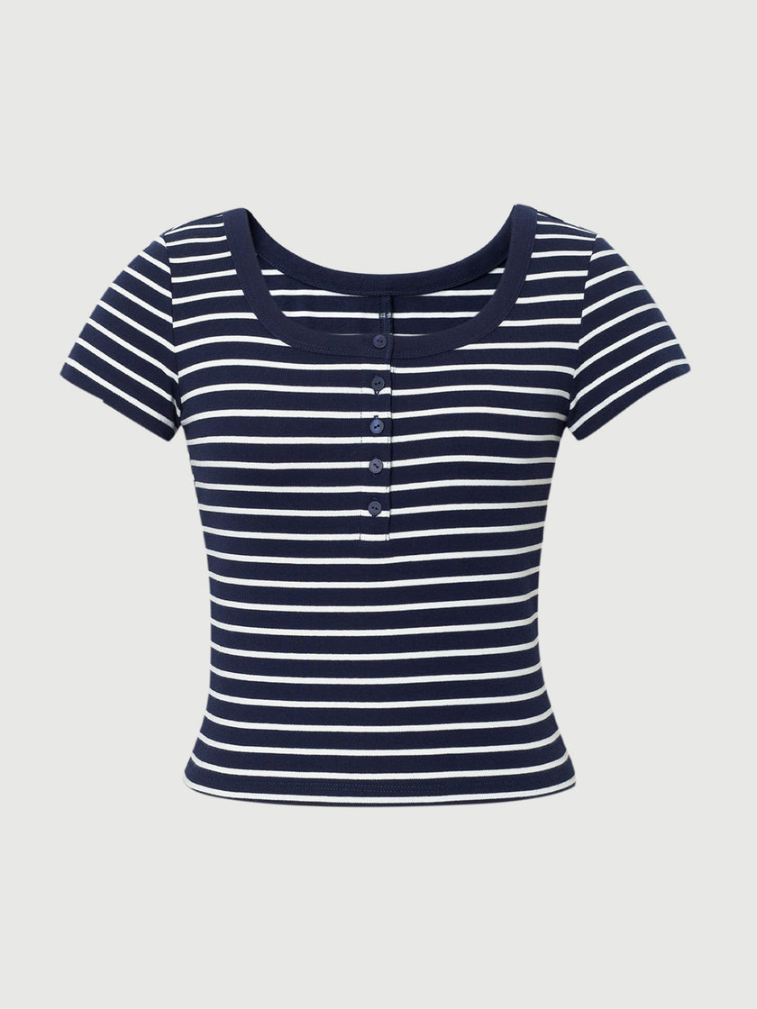Stripe Round Neck Cotton T-Shirt