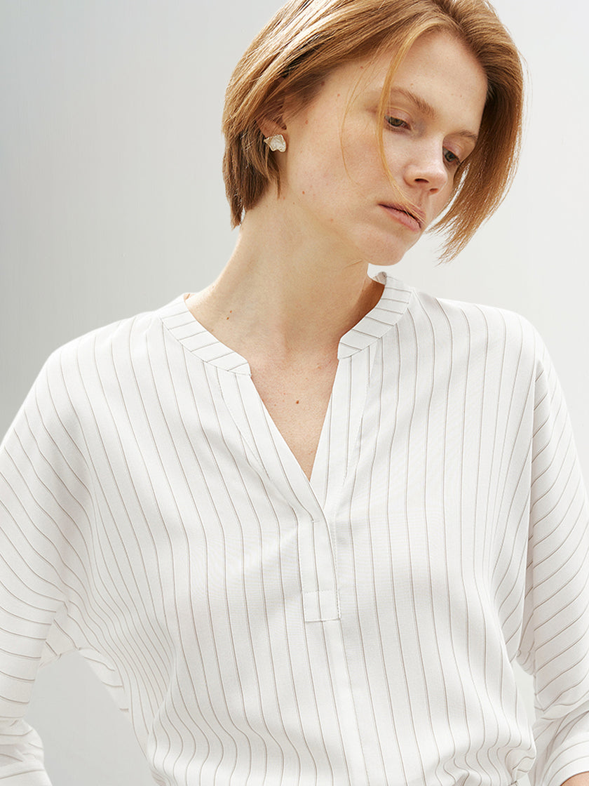 Striped V Neck Quarter Sleeves Shirt