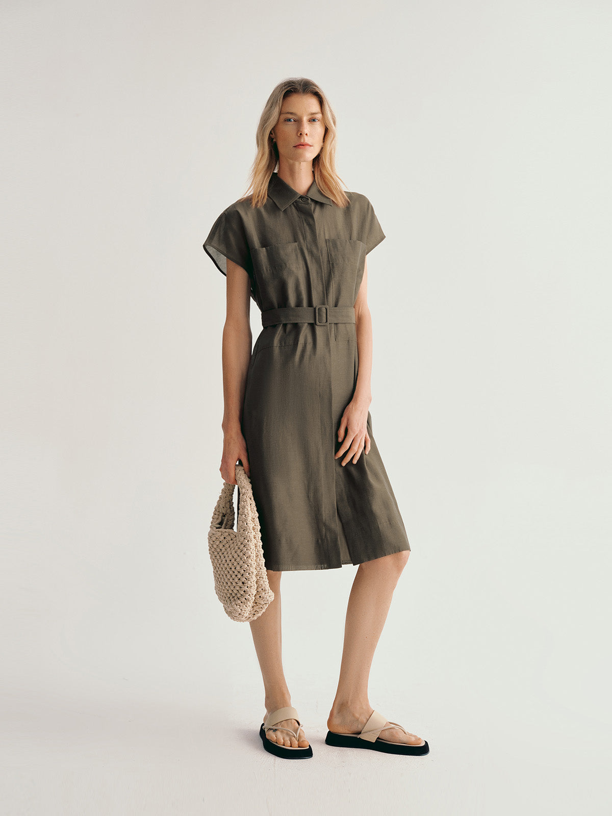 Short Sleeves Tie Belt Dress