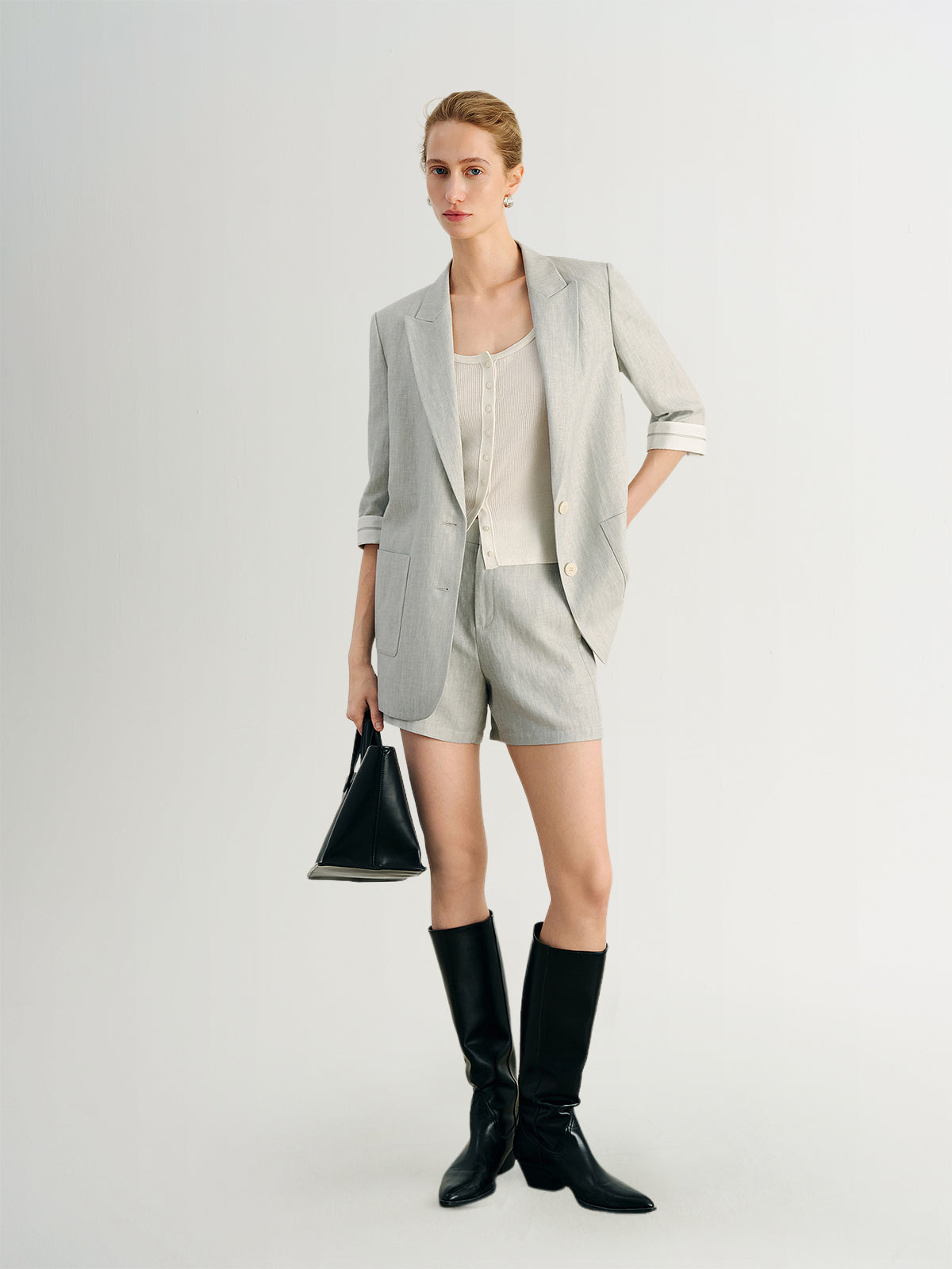 Light Blue Linen-Blend  Shorts