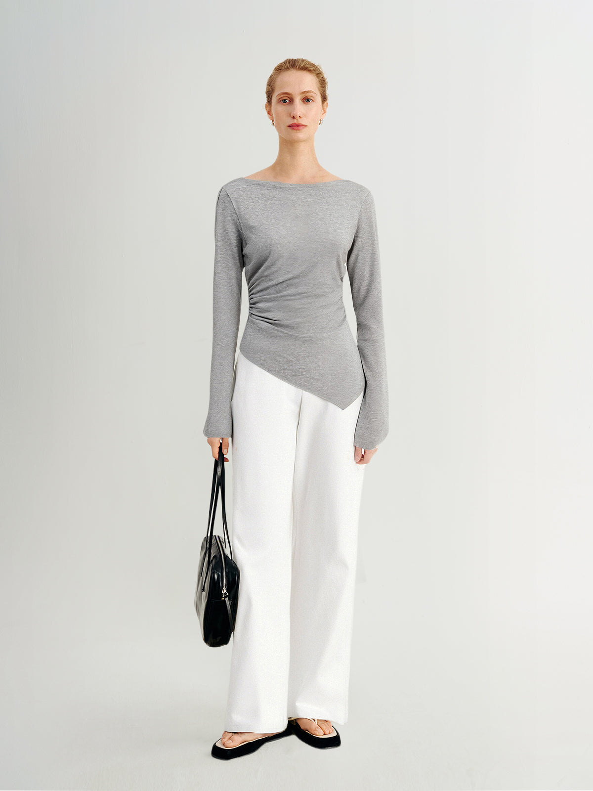 Gray Boat-Neck Fitted Top