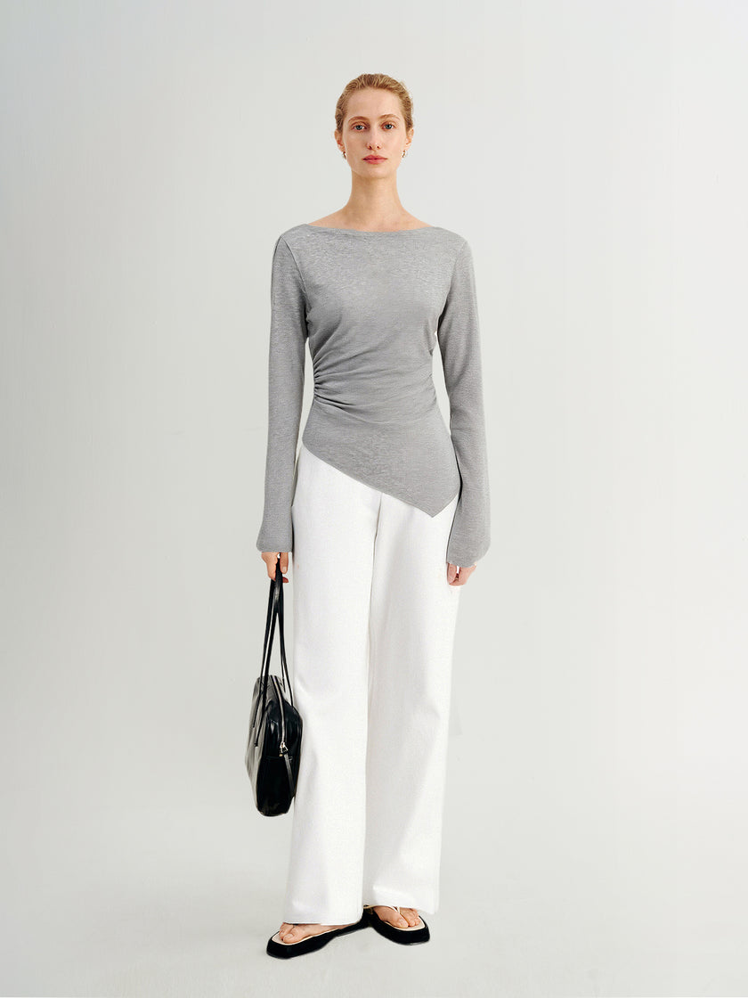 Gray Boat-Neck Fitted Top