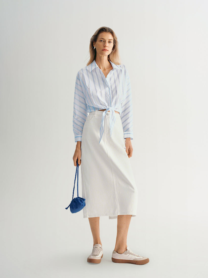 Striped Tie Cotton Blouse