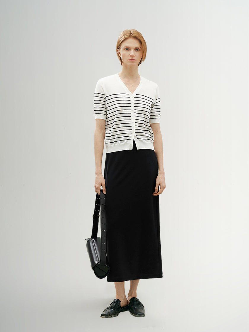 Stripe V Neck Lyocell Knit Cardigan