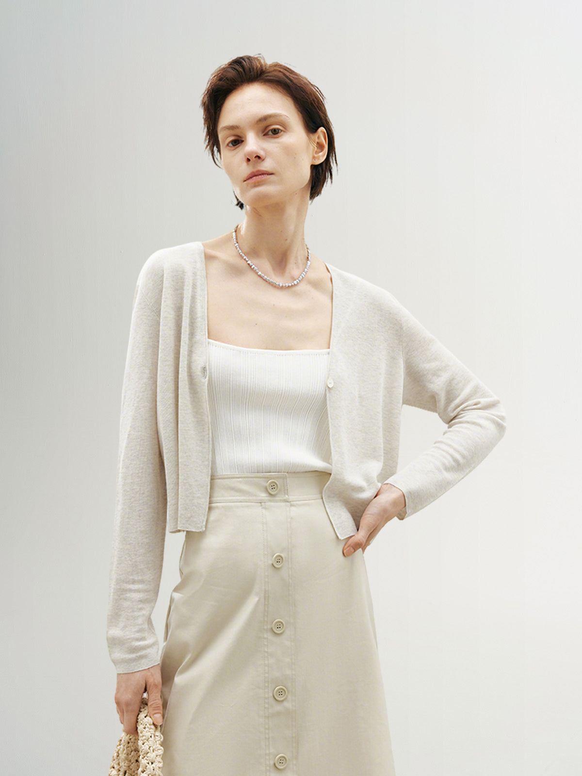 Linen V Neck Short Knit Cardigan