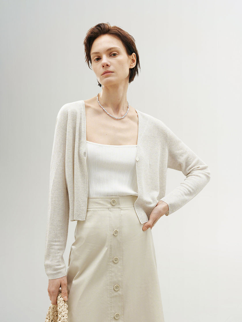 Linen V Neck Short Knit Cardigan