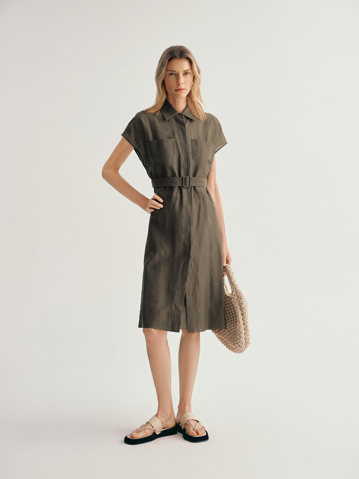 Short Sleeves Tie Belt Dress