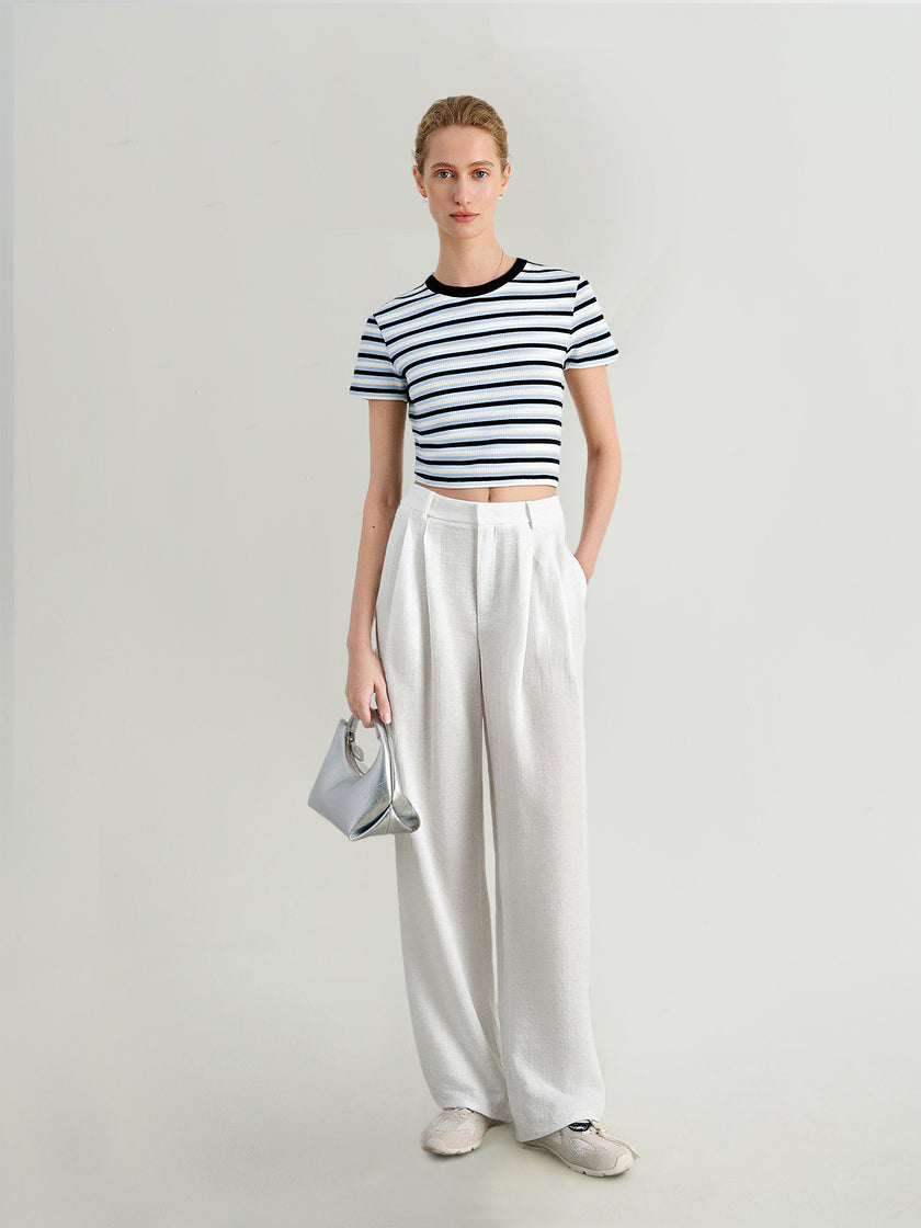 Cotton Blend Striped Cropped Tee