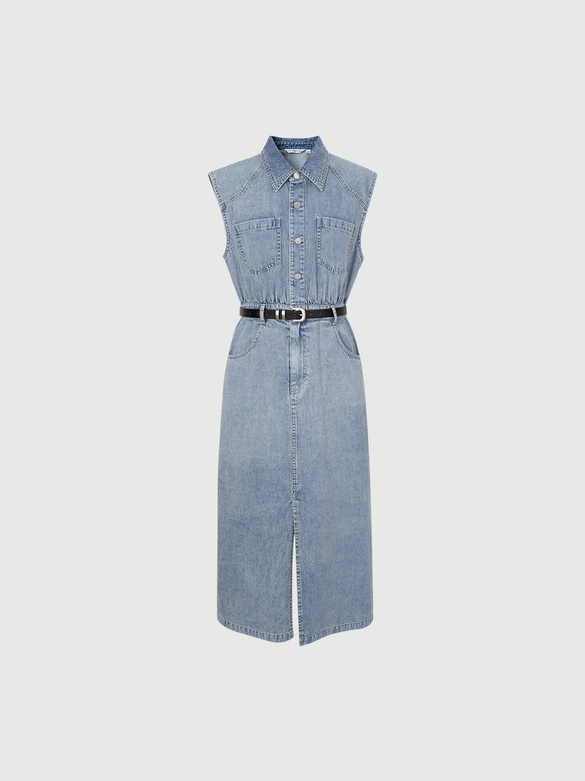 Cotton Denim Sleeveless Shirt Dress