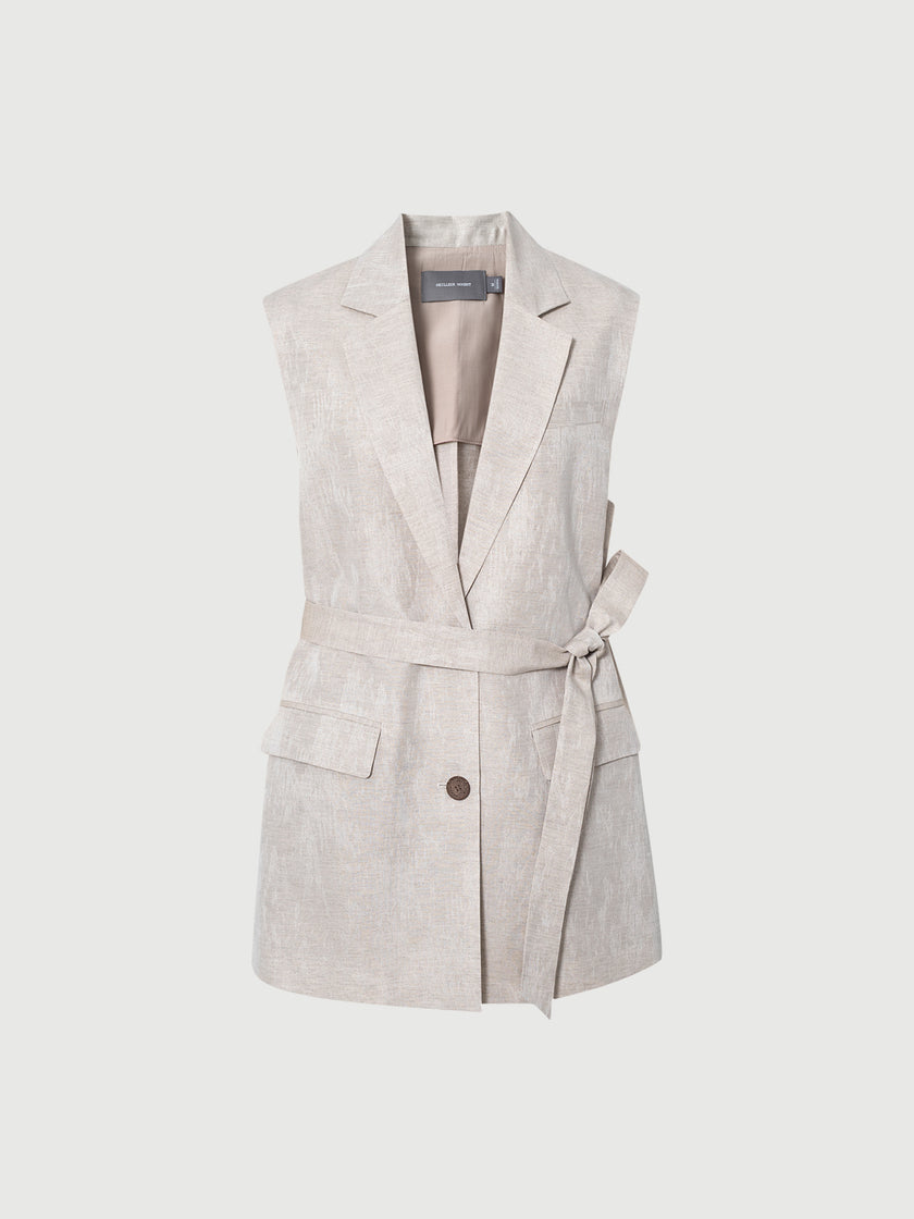 Linen-Blend Sleeveless Belted Vest