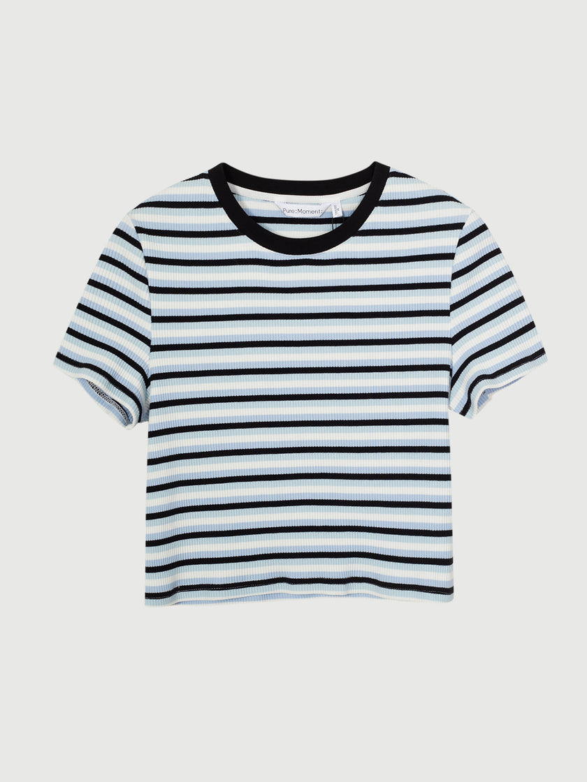 Cotton Blend Striped Cropped Tee