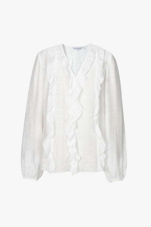 Load image 1 in gallery view. Ruffled V-Neck Linen Blend Blouse