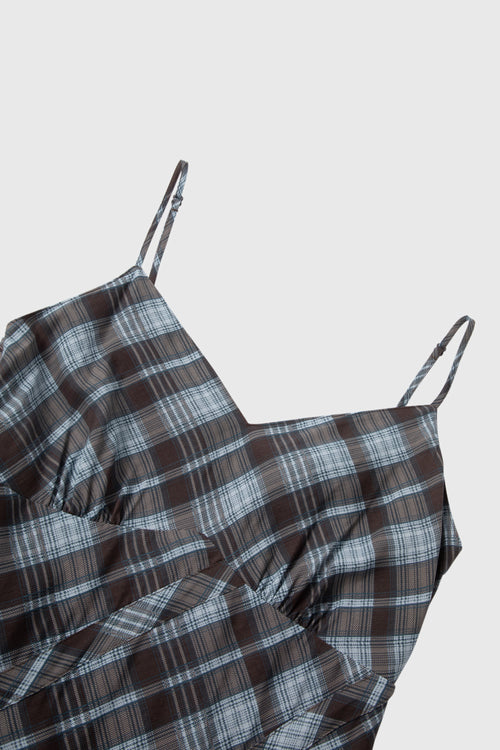 Load image 1 in gallery view. Plaid Lyocell-Linen V-Neck Slip Dress