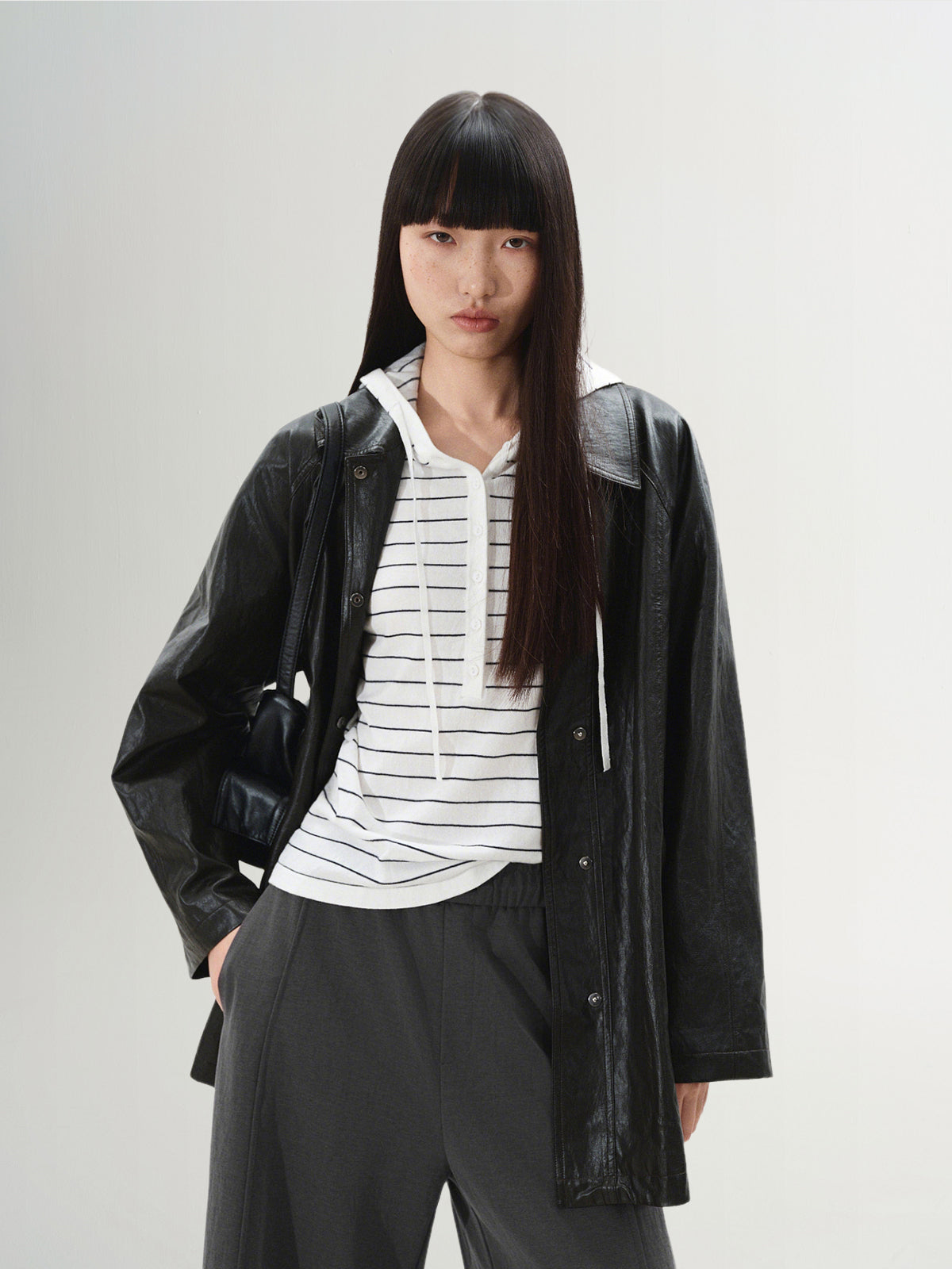 Ruched Hip-length Faux Leather Jacket