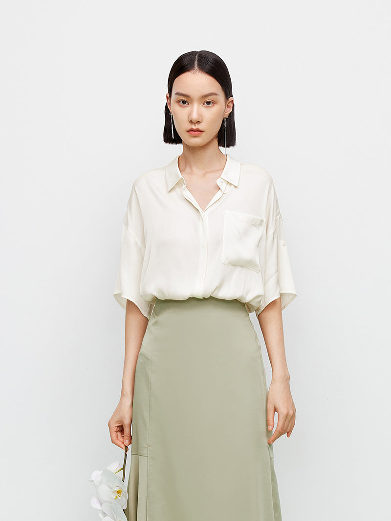 Collared V-Neck Silk Shirt