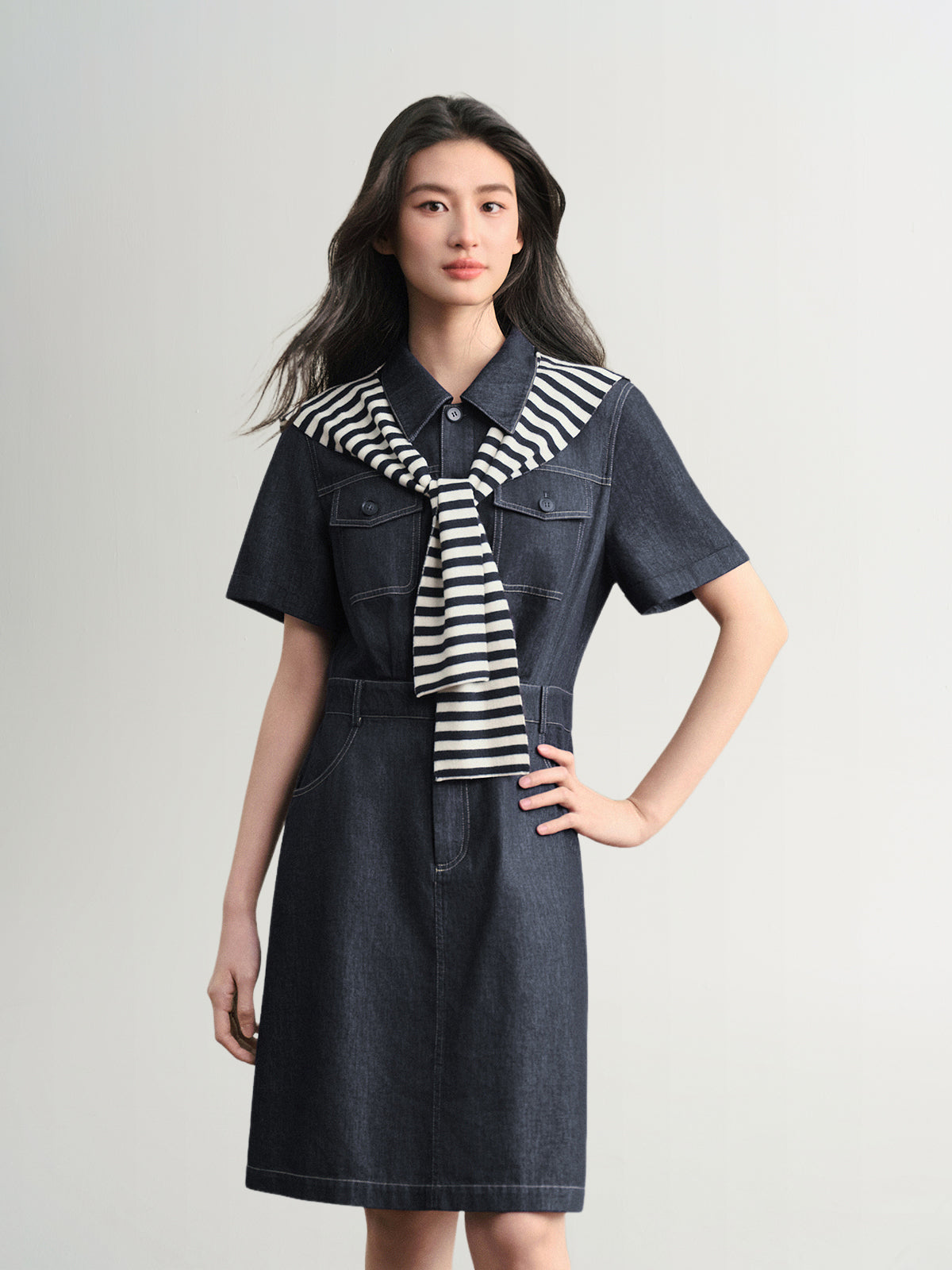 Structured Denim Short-Sleeve Midi Dress