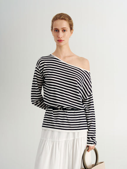 Striped Lyocell One-Shoulder Long-Sleeve Top