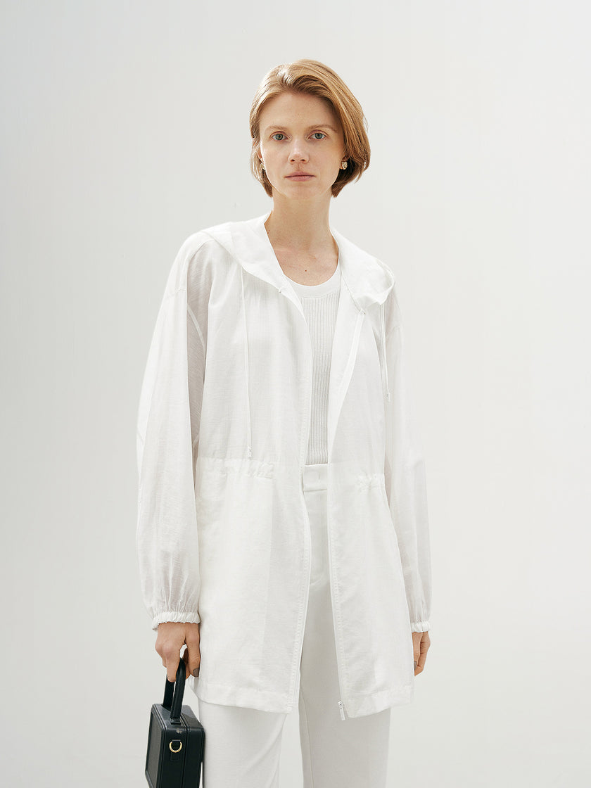 Lyocell-Linen Hooded Mid-Length Jacket