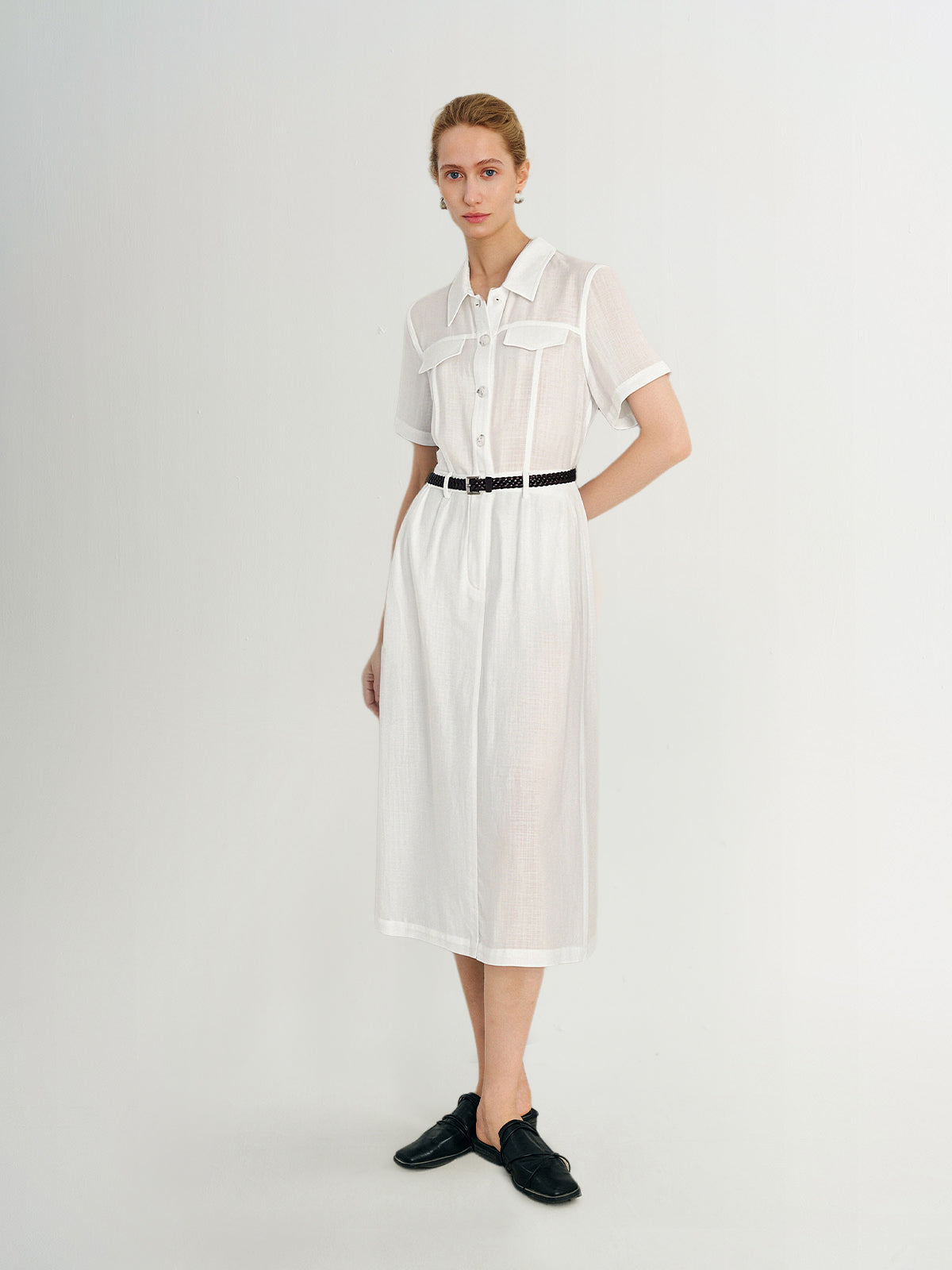 White Lyocell Shirt-Dress with Belt  Dress