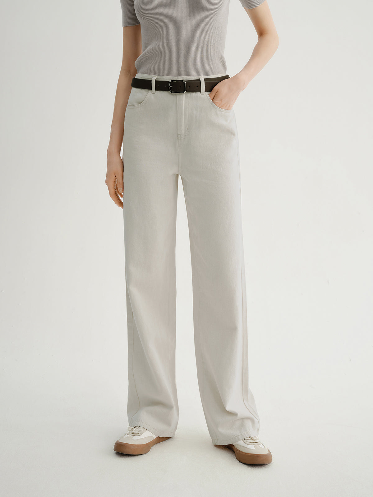 Beige Cotton-Blend Straight Jeans