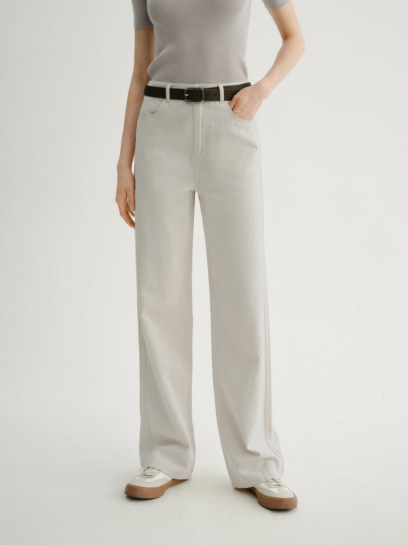 Beige Cotton-Blend Straight Jeans