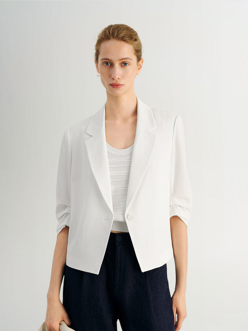 Load image 1 in gallery view. Ruched-Sleeve Cropped Tailored Blazer