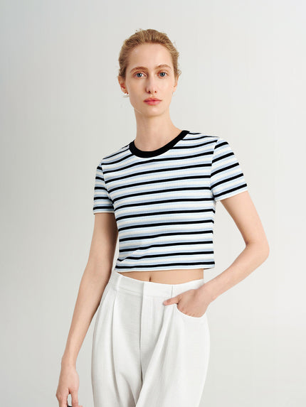 Cotton Blend Striped Cropped Tee