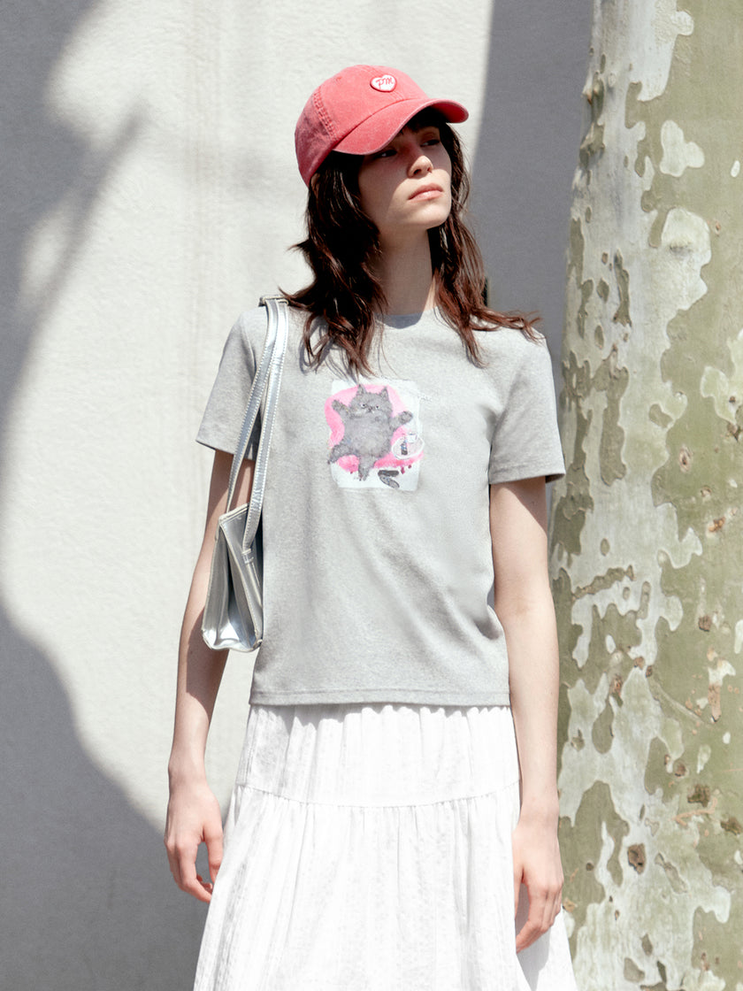 Cotton-Blend Cat Print Tee