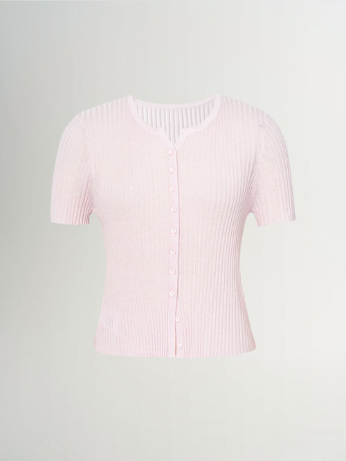 Load image 1 in gallery view. Micro Split-Neck Short-Sleeve Knit Top
