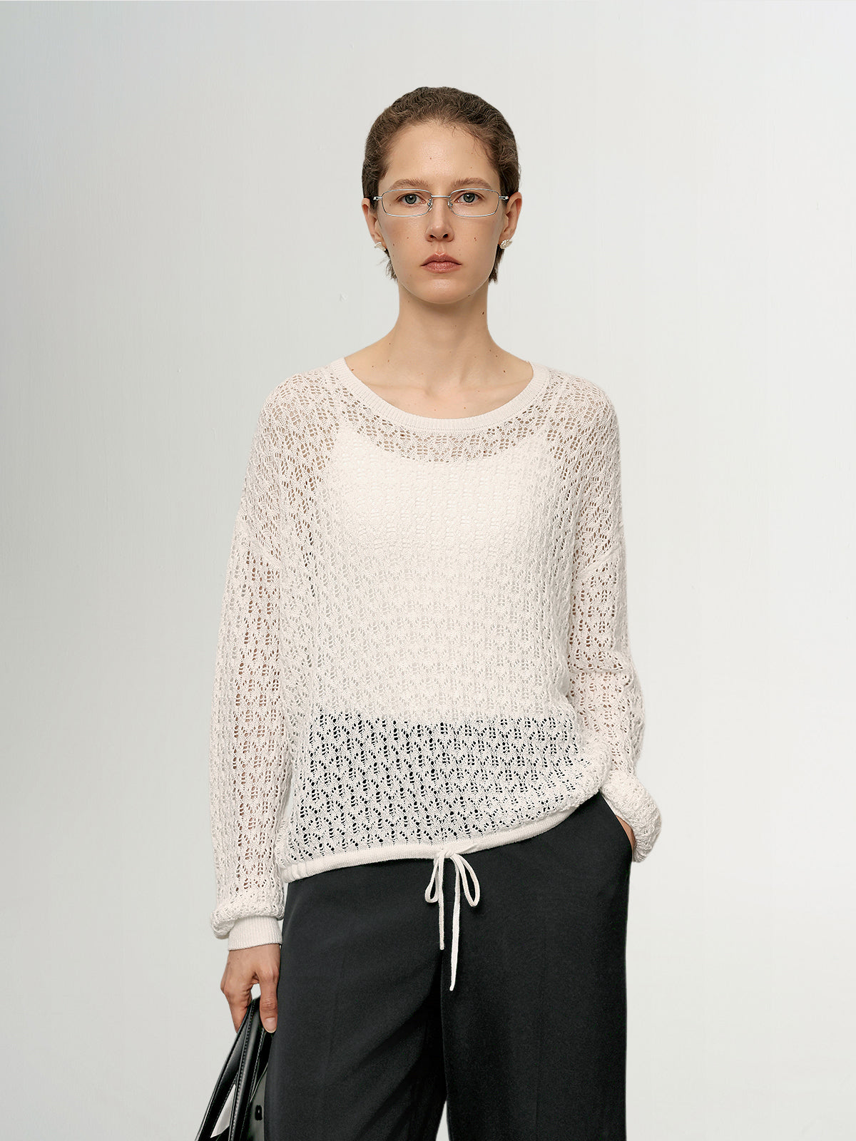 Cotton-Linen Crochet Knit Crewneck Sweater