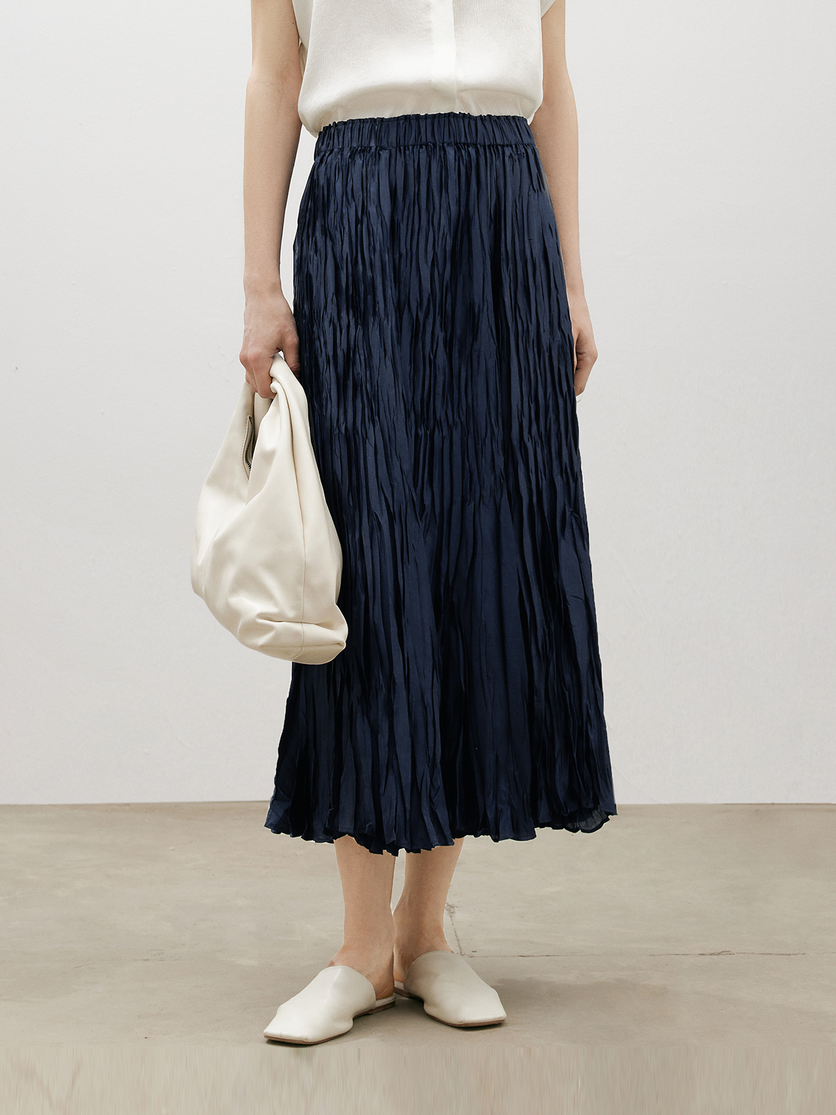 Women's Navy Blue Pleated A-Line  Elegant Long Skirt 5F4241731