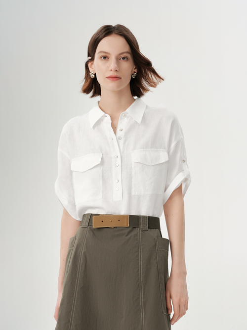 Load image 1 in gallery view. Pure Linen Collared Drop-Shoulder Short Sleeve Top