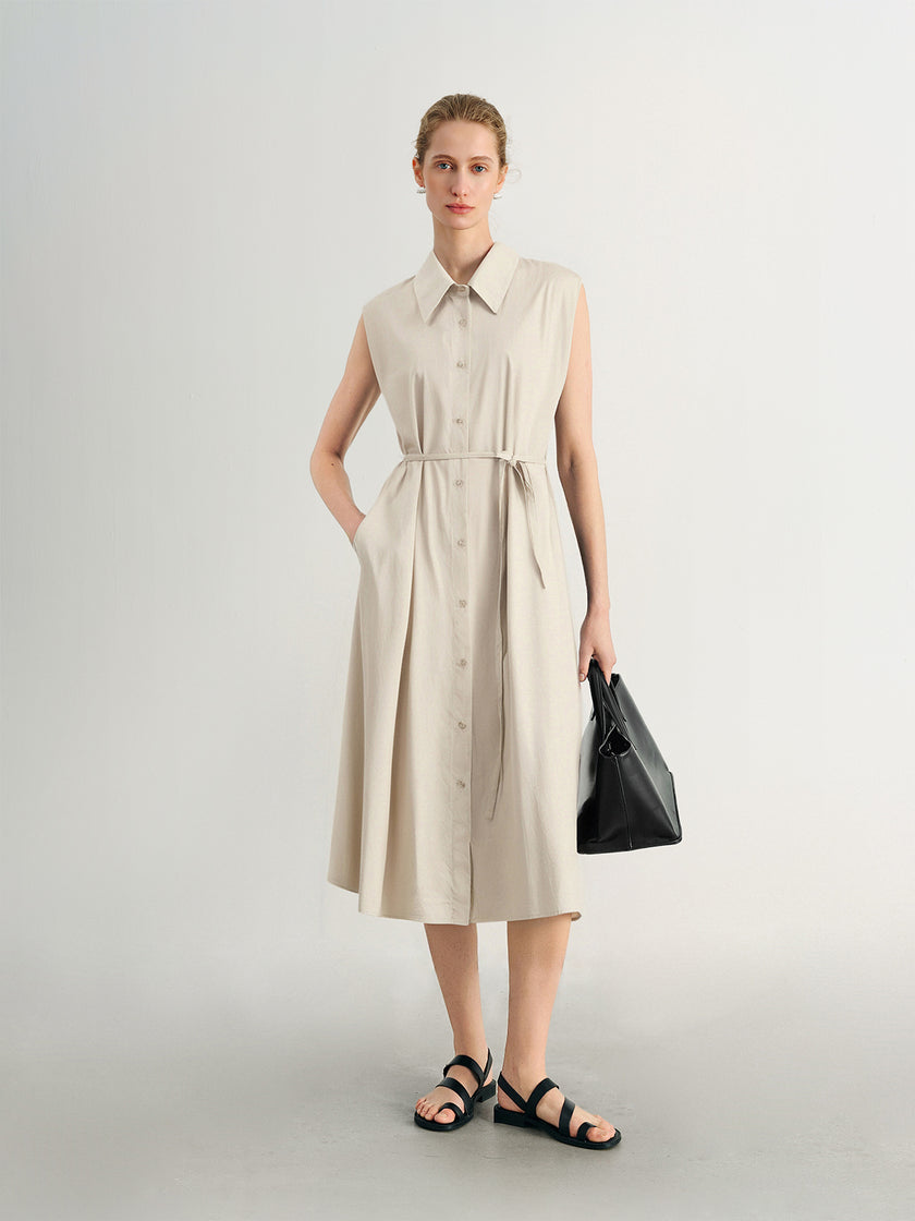 Sleeveless Cotton-Blend Belted Dress