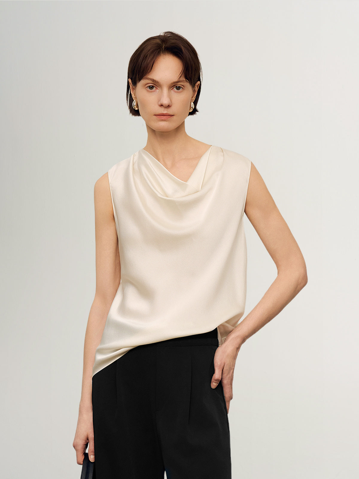 Sleeveless Draped Cowl-Neck Pure Silk Top