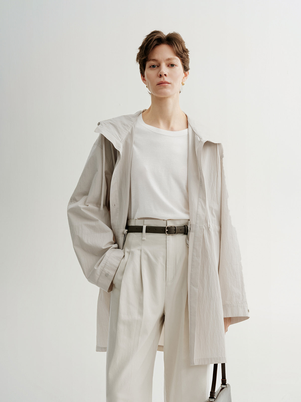 Beige Hooded Straight-Cut Trench Coat