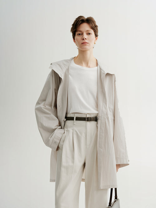 Load image 1 in gallery view. Beige Hooded Straight-Cut Trench Coat