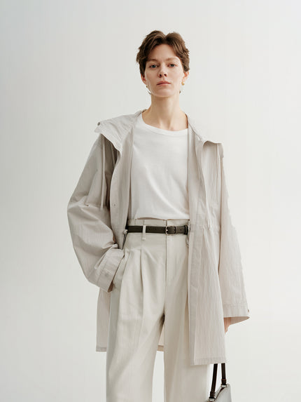 Beige Hooded Straight-Cut Trench Coat