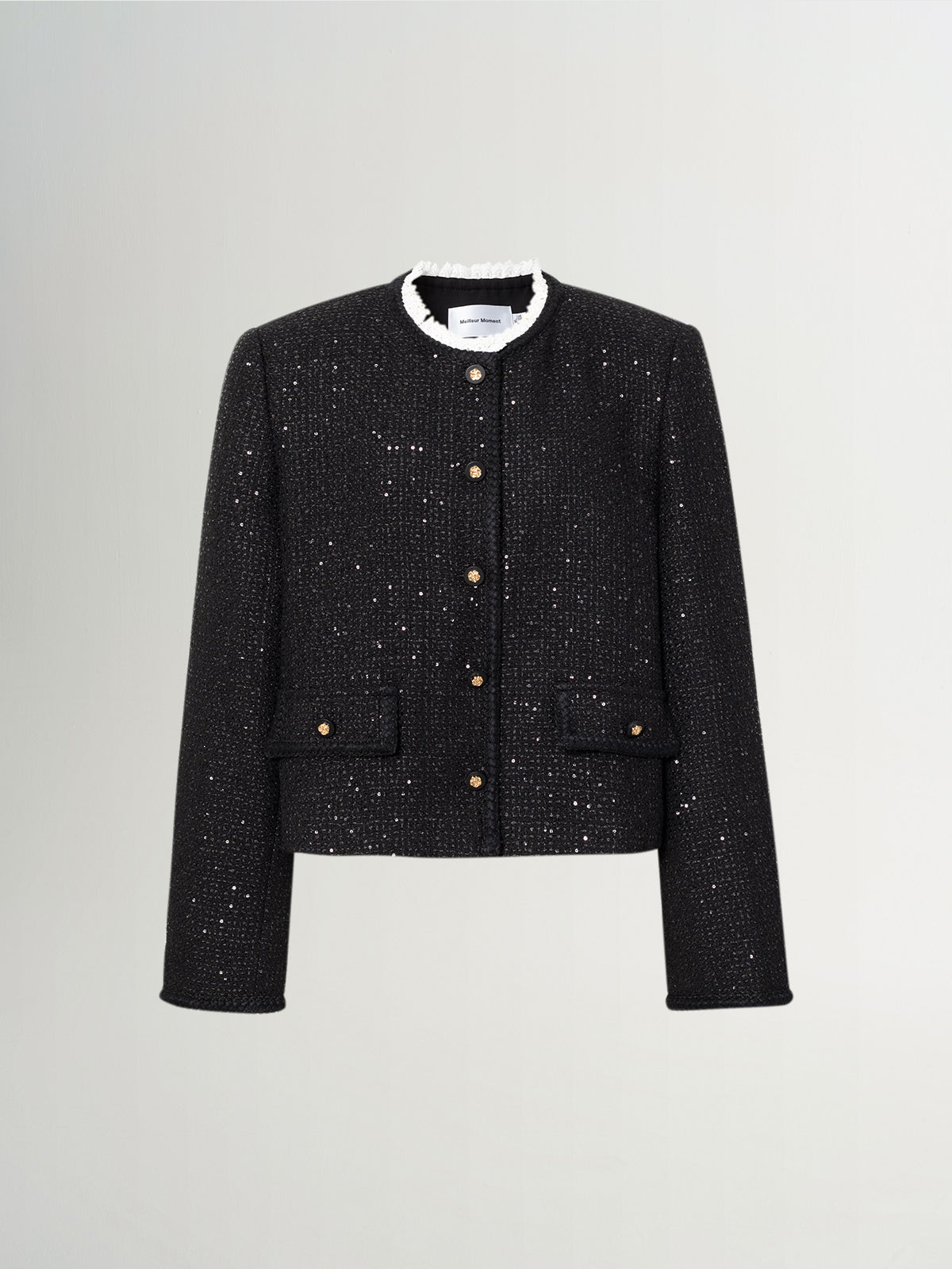 Wool-Sequin Blend Lace-Trim Cardigan