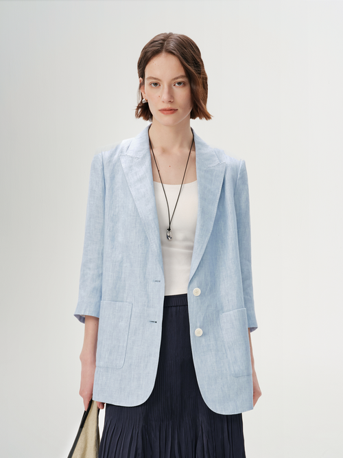 Load image 1 in gallery view. Linen V-Neck Structured Shoulder Relaxed Fit Blazer with Three-Quarter Sleeves