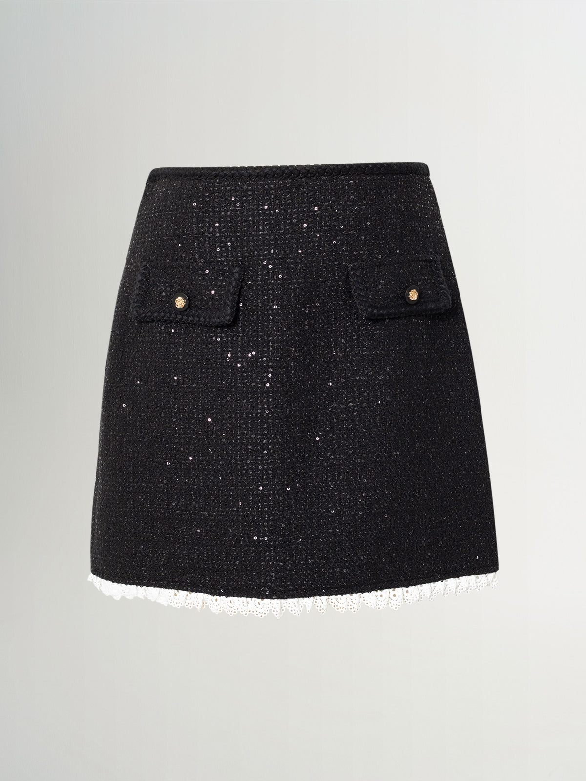 Wool-Sequin Straight Mini Skirt