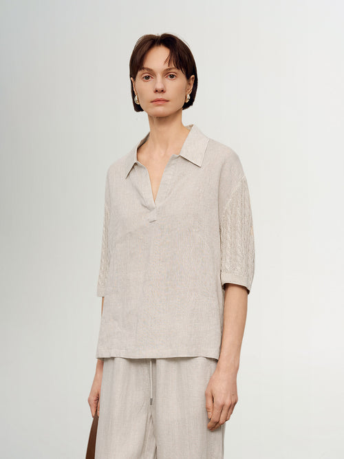 Load image 1 in gallery view. Linen-Blend Collared V-Neck Mid-Sleeve Top
