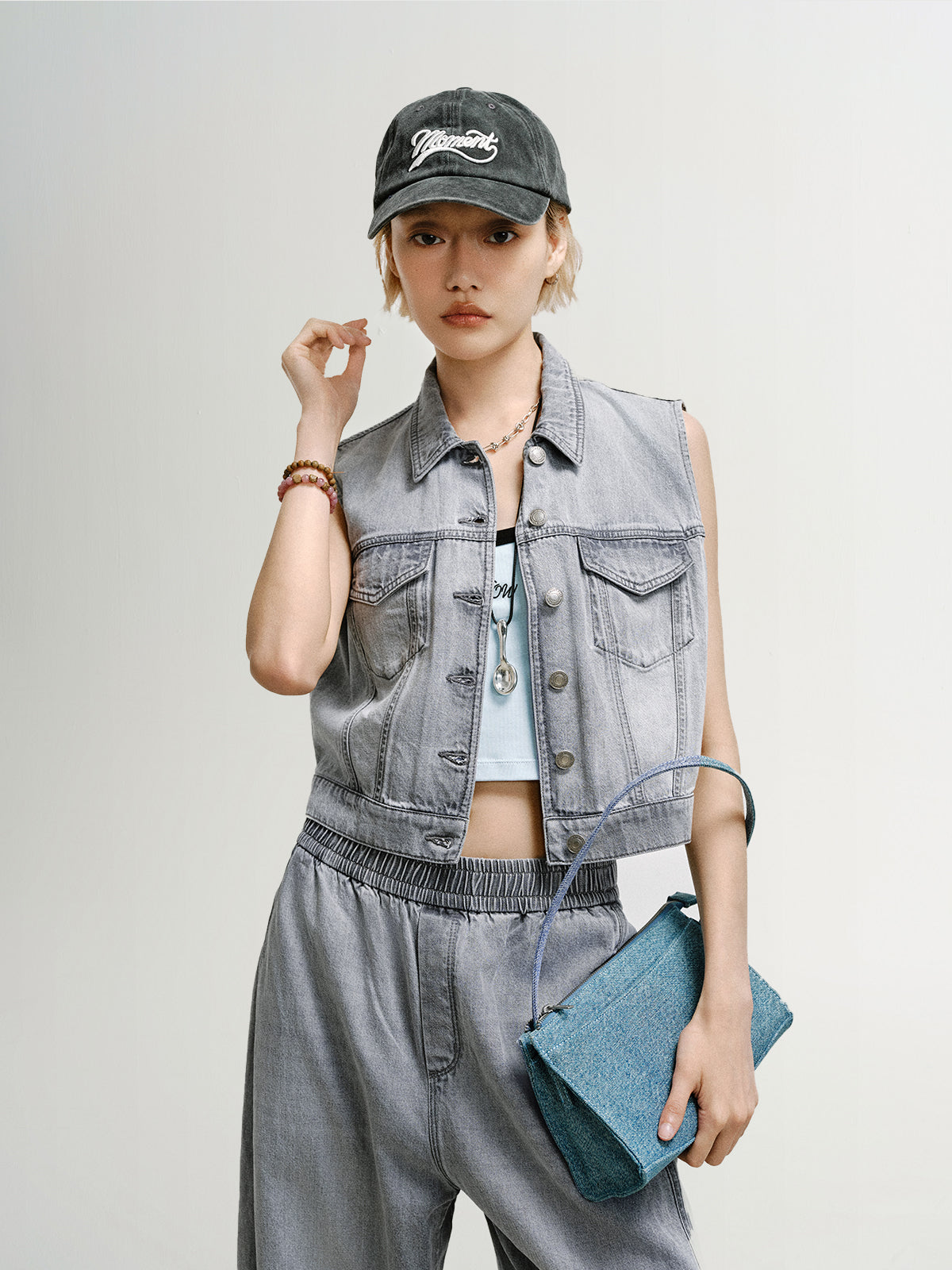 Lyocell-Cotton Sleeveless Collared Denim Vest
