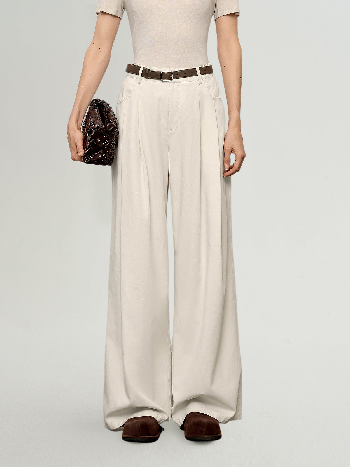 Beige Lyocell Front-Pleat Trousers Pants