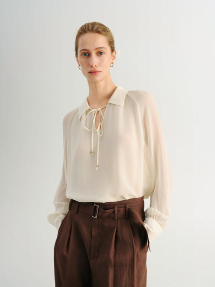 Tie-Neck Silk Raglan Blouse
