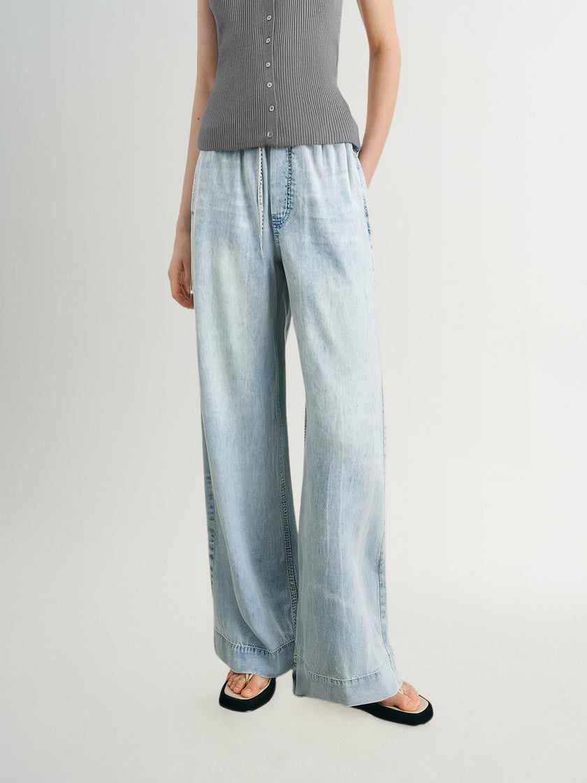 Wide-Leg Lyocell Denim Drawstring  Pants