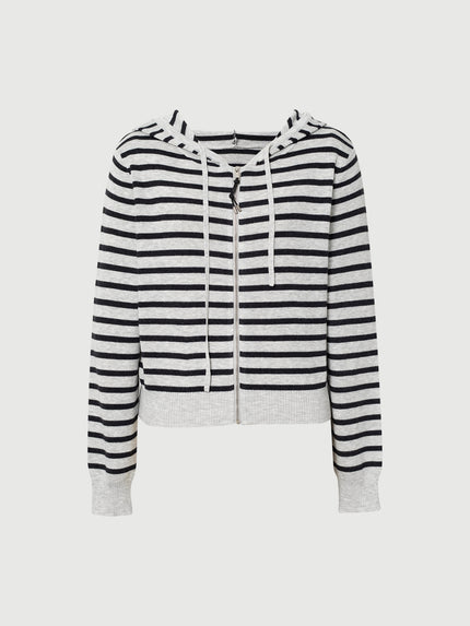 Wool-Blend Striped Hooded Zip Knit Cardigan