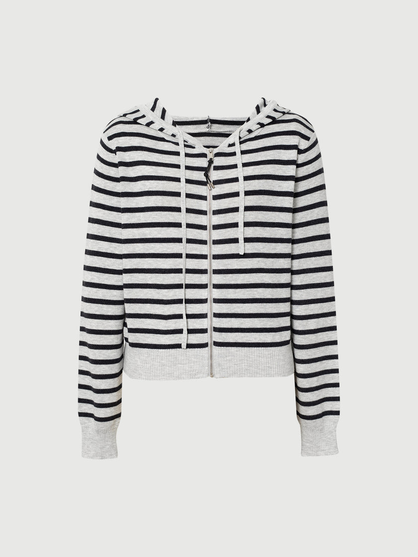 Wool-Blend Striped Hooded Zip Knit Cardigan
